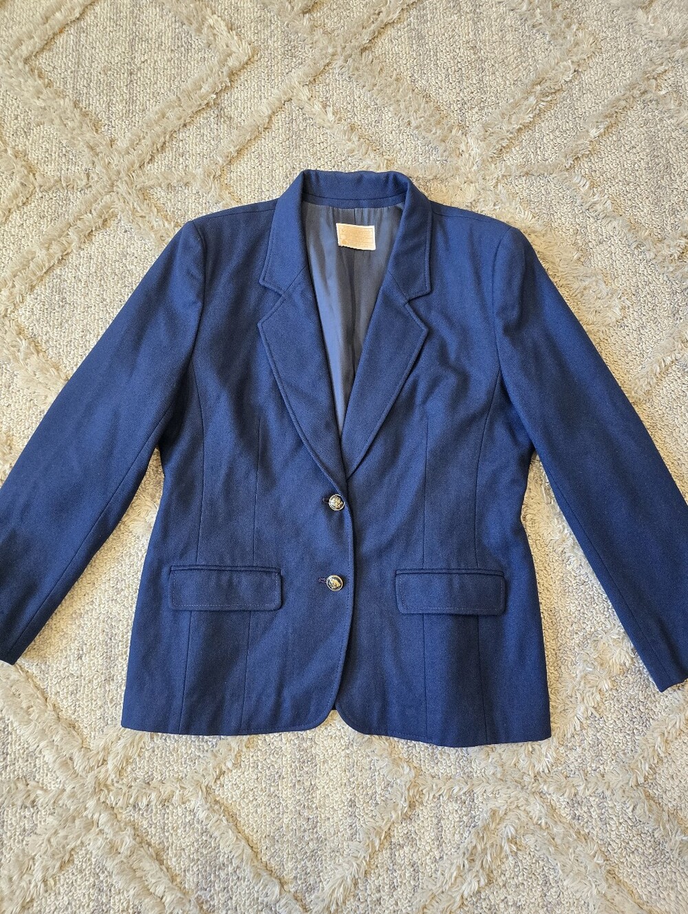 Vintage Pendleton Women's 14 Navy Blue 100% Virgin Wool 2 Button Blazer Jacket